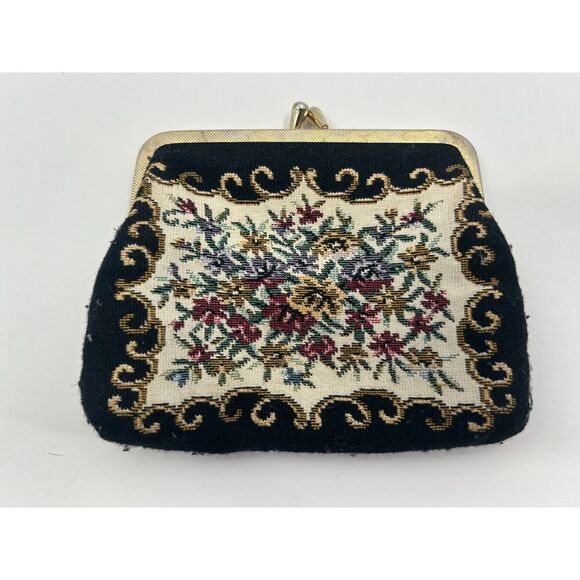 Handbags - VTG Floral Tapestry Coin Purse Metal Kiss Lock Frame Petit Point Black Floral
